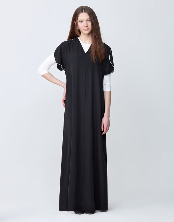 Contrast Stitched Petal Sleeve Maxi Dress Shabbos Jumper with Tie Belt Black