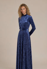 Elegant Navy Velvet Belted Maxi Dress
