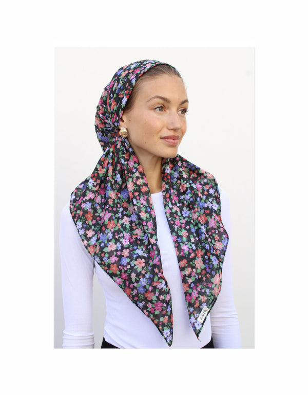 Black Blooming Meadow Classic Pre-Tied Headscarf with Velvet Grip