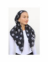Boho Black Daisy Classic Pre-Tied Headscarf with Velvet Grip