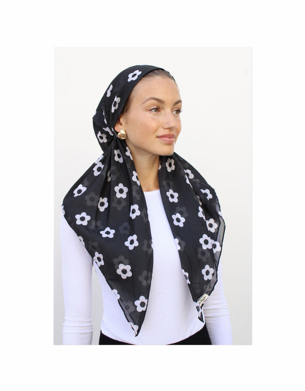 Boho Black Daisy Classic Pre-Tied Headscarf with Velvet Grip
