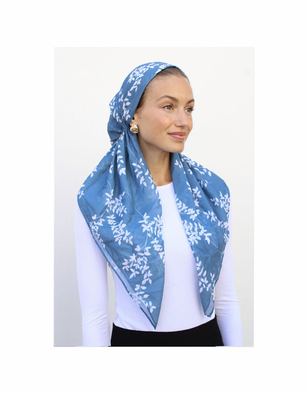 Slate Blue Branches Classic Pre-Tied Headscarf with Velvet Grip