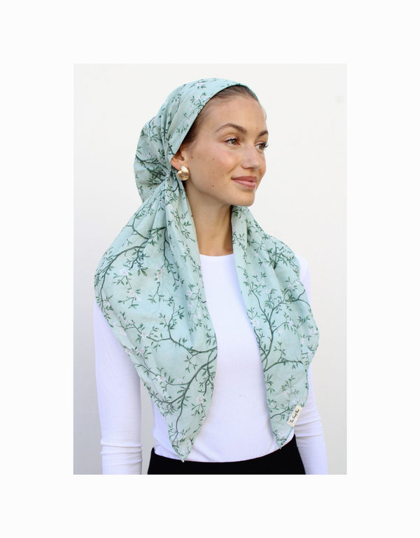 Sage Dainty Vines Classic Pre-Tied Headscarf with Velvet Grip