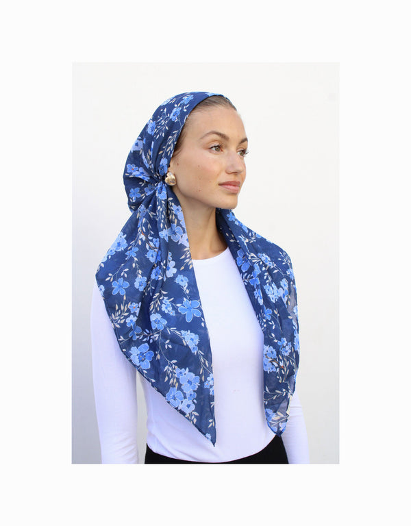 Deep Blue Floral Classic Pre-Tied Headscarf with Velvet Grip