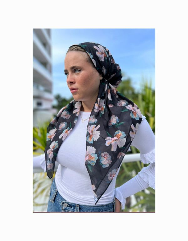 Black Ivory Floral Classic Pre-Tied Headscarf with Velvet Grip