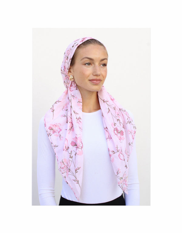Monochrome Pink Floral Classic Pre-Tied Headscarf with Velvet Grip