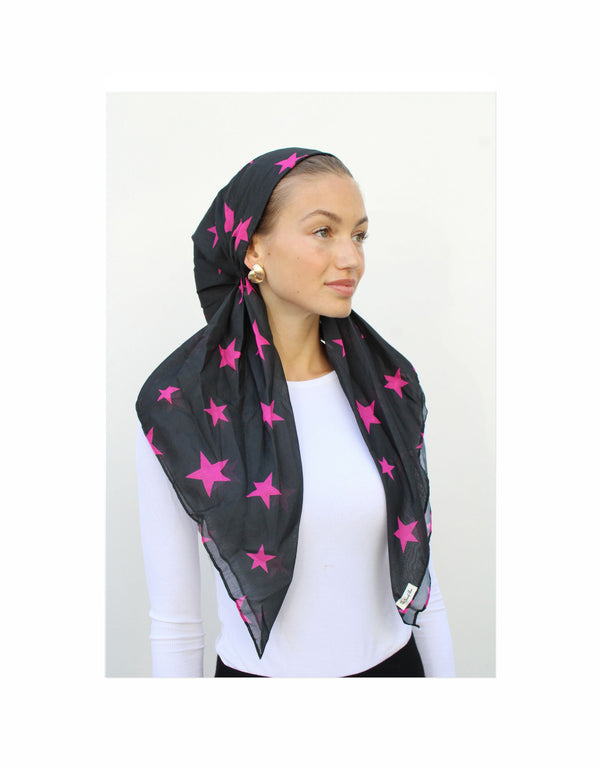Hot Pink Stars Classic Pre-Tied Headscarf with Velvet Grip