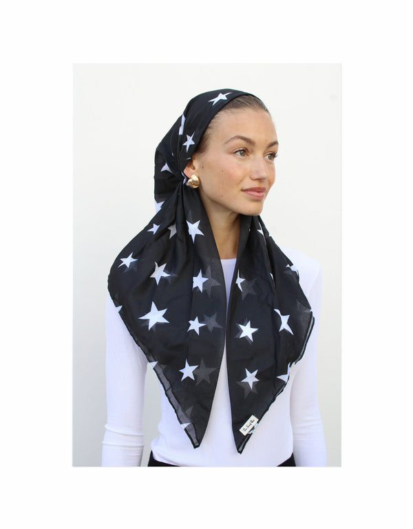 Black and White Stars Classic Pre-Tied Headscarf with Velvet Grip