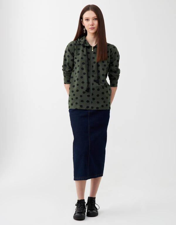 Jersey Zippered Hoodie with Rope Cord Green with Black Dots