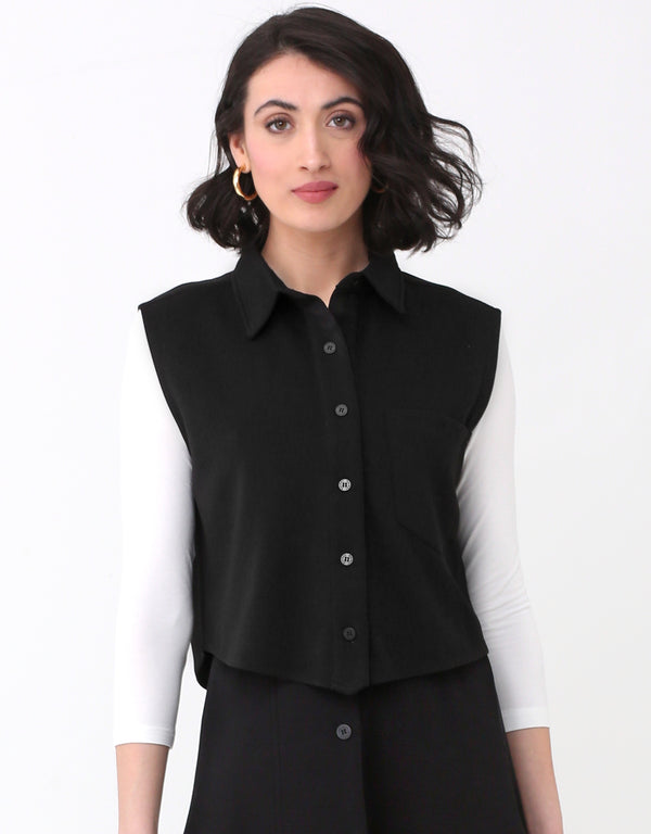 SuperSoft Sleeveless Cropped Button Vest with Collar and Pocket Black