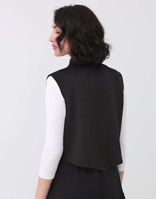 SuperSoft Sleeveless Cropped Button Vest with Collar and Pocket Black