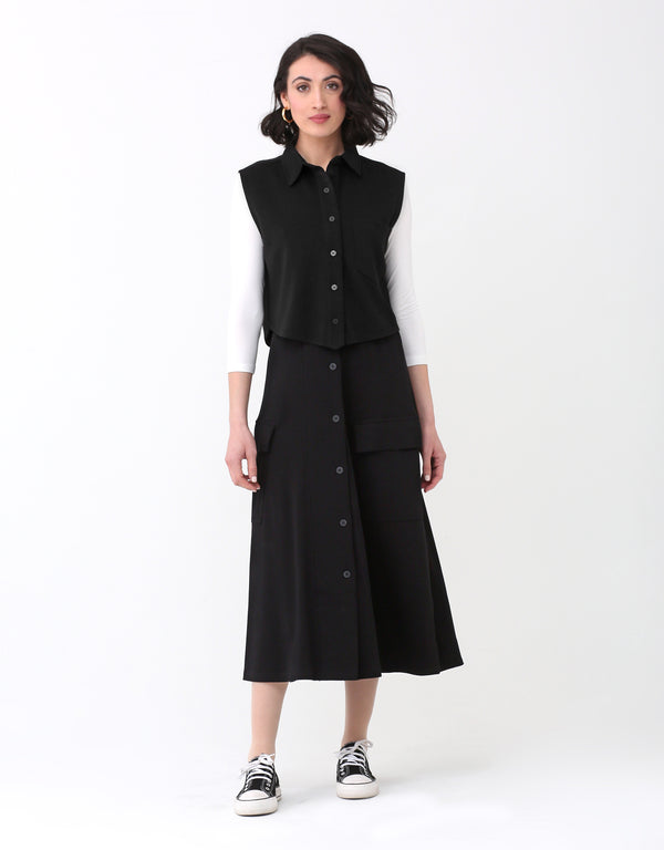 SuperSoft Sleeveless Cropped Button Vest with Collar and Pocket Black