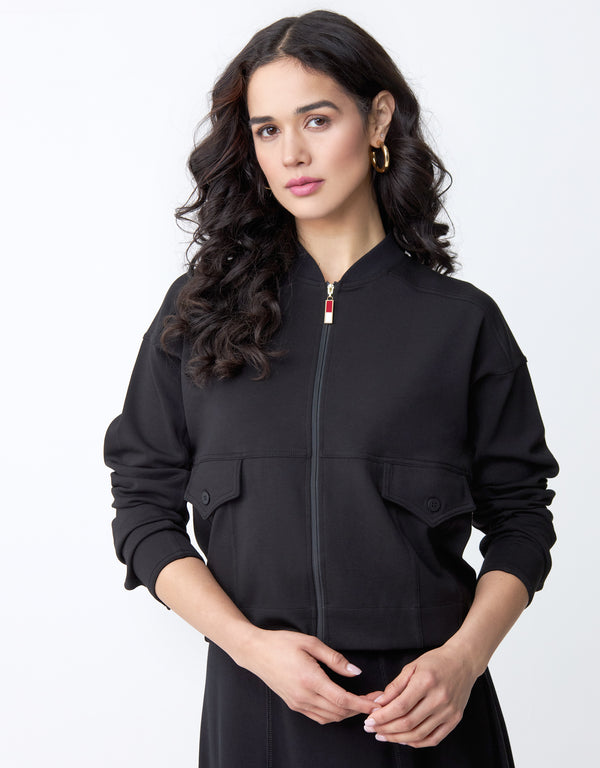 SuperSoft Cargo Bomber Jacket with Red Zipper Pull Black