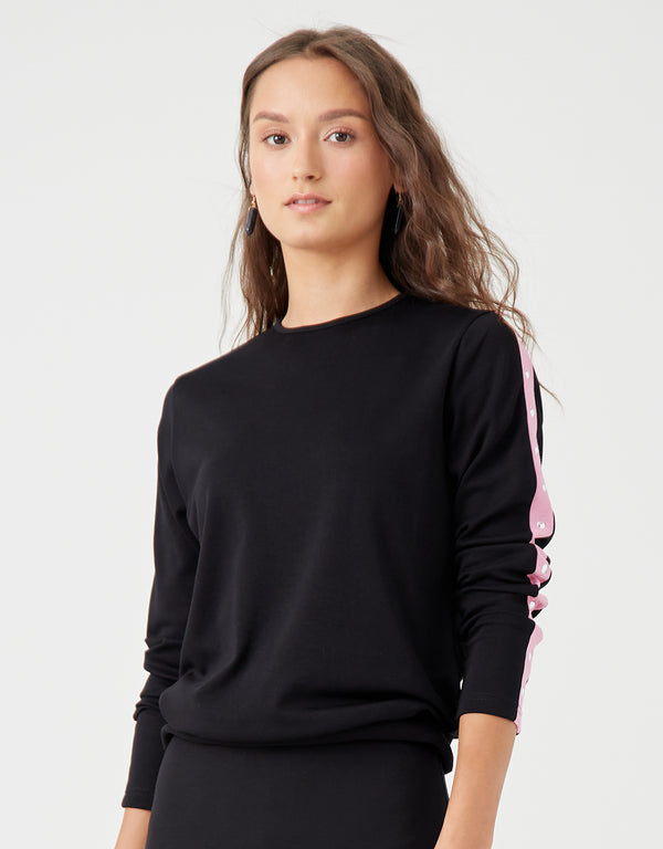 Crew Top with Studded Contrast Sleeve Rib Black Pink