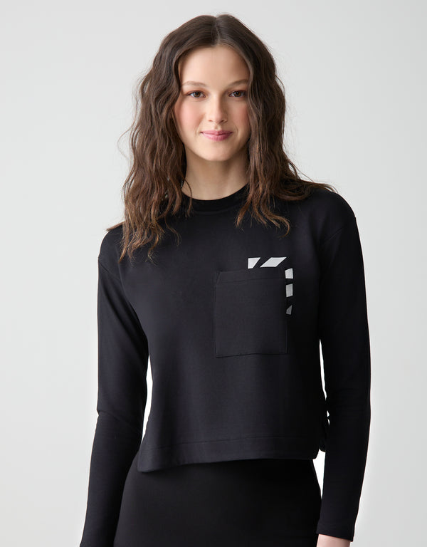 Cropped Pocket Sweatshirt with Silver Starburst Motif Black