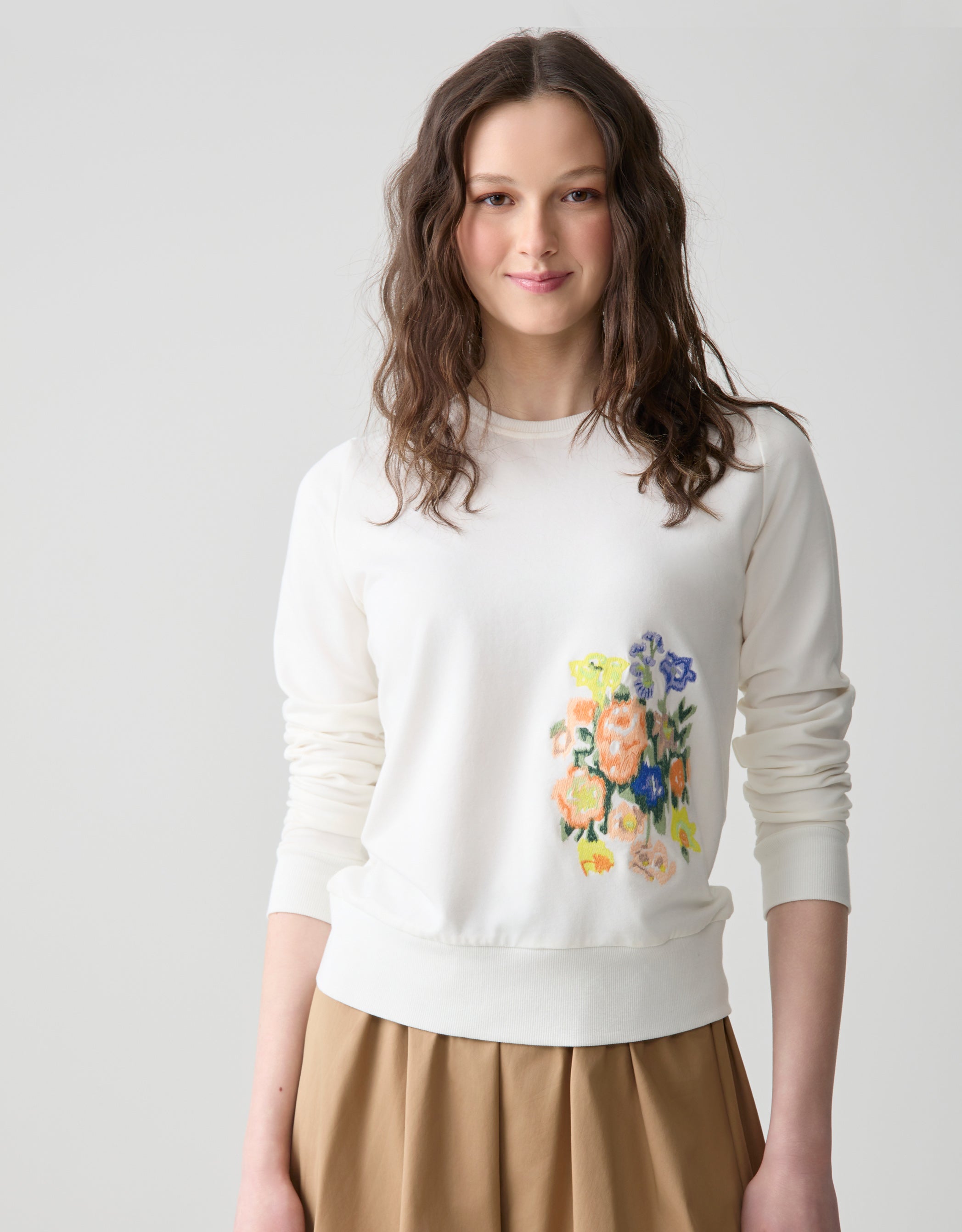 Light French Terry Sweatshirt with Embroidered Motif Ivory