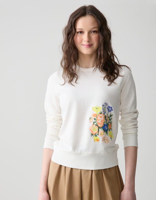 Light French Terry Sweatshirt with Embroidered Motif Ivory