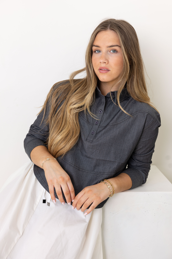 Black Denim Button Top