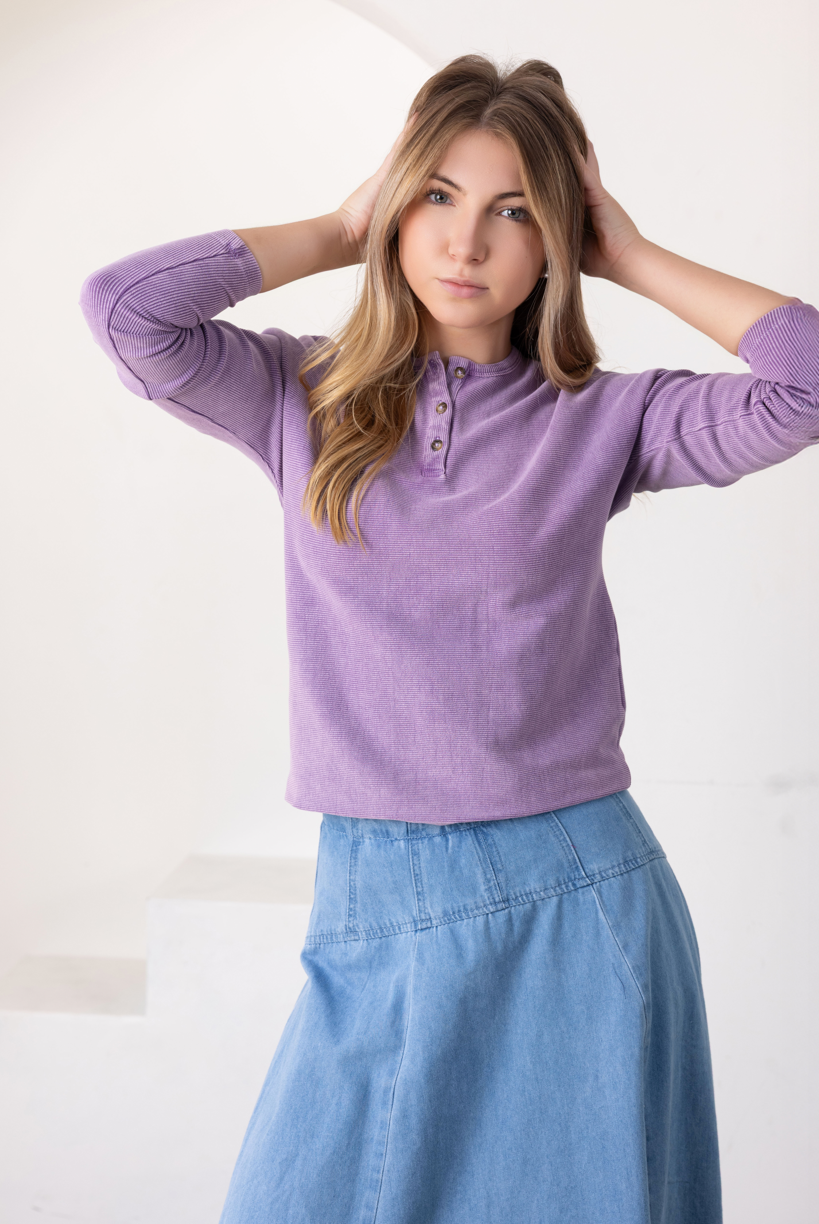 Lavender Button Ribbed Top