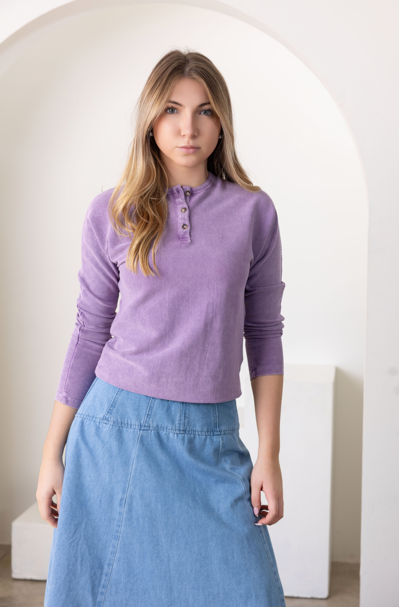 Lavender Button Ribbed Top