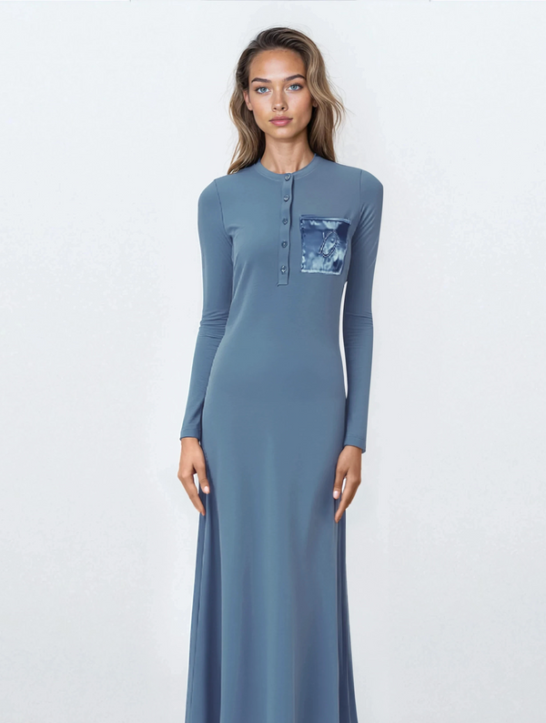 Button Front Nightgown with Satin Pocket and Logo Motif Lt.Blue