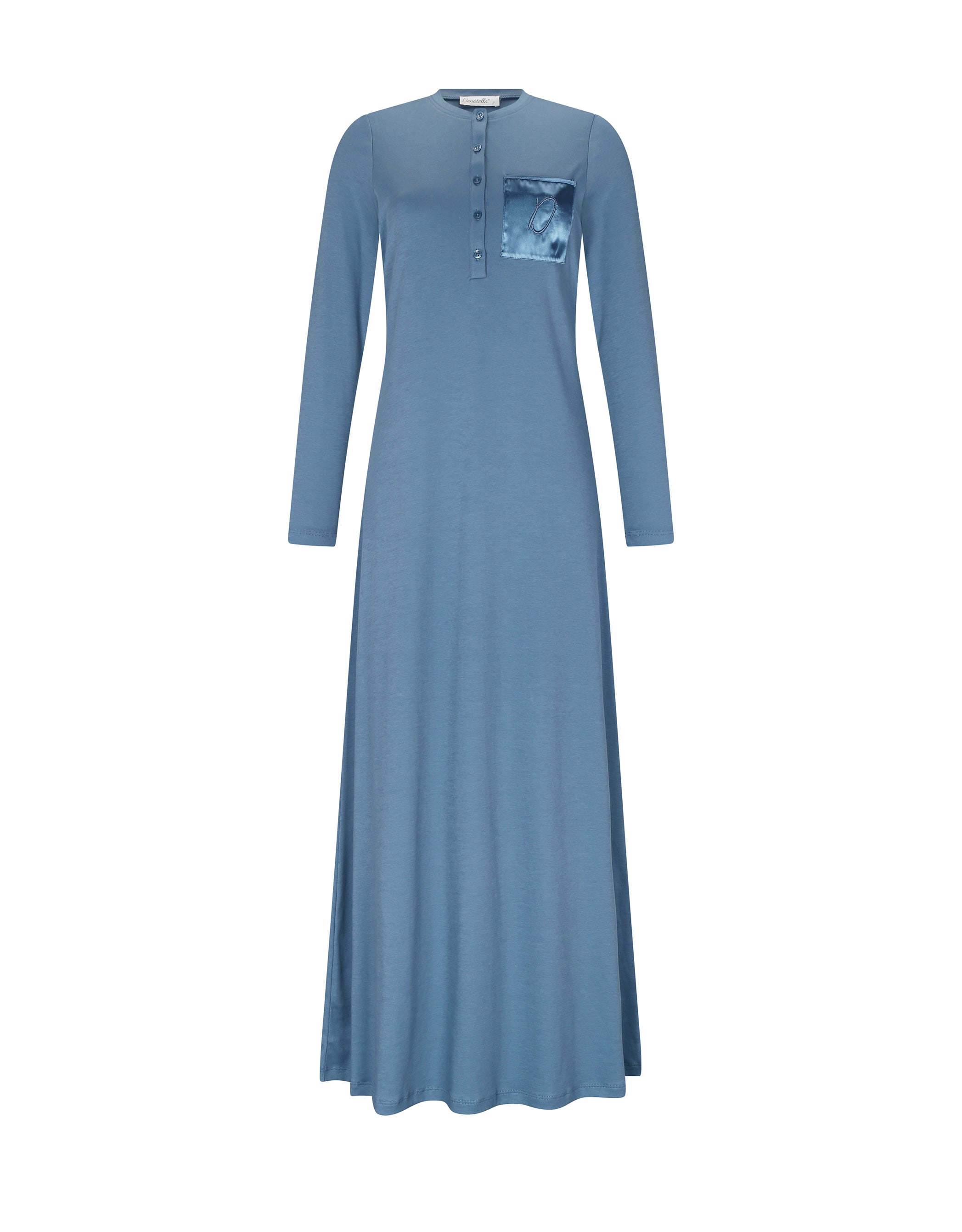 Button Front Nightgown with Satin Pocket and Logo Motif Light Blue