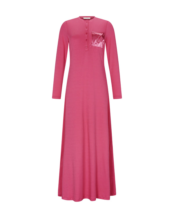 Button Front Nightgown with Satin Pocket and Logo Motif Pink
