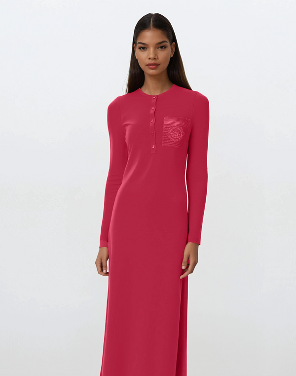 Pink Crochet Pocket Button Down Nightgown Deep