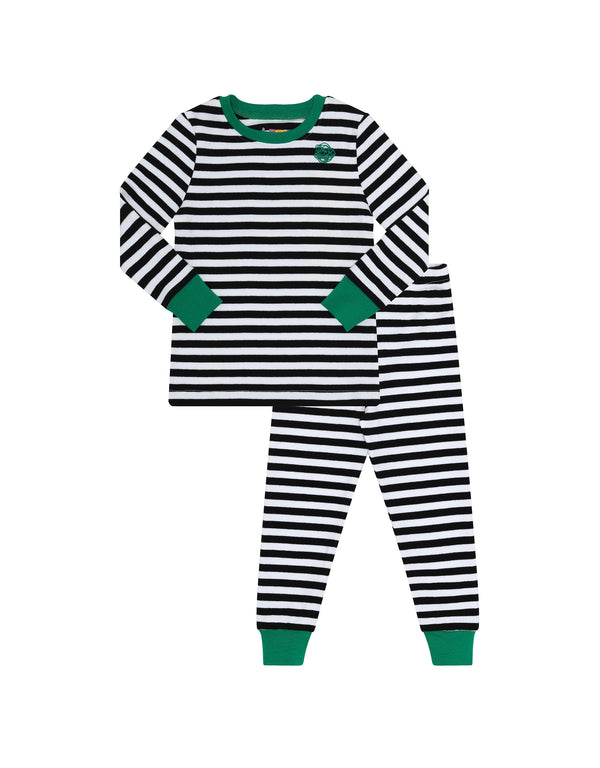 Striped Pima Cotton Kids Pajamas Legging Playwear Set With Scribble Patch Black Green