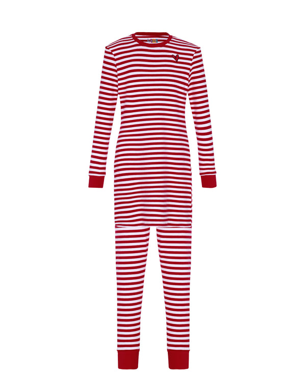 Striped Pima Cotton Kids Tunic Pajamas Legging Set With Sprinkled Heart Red