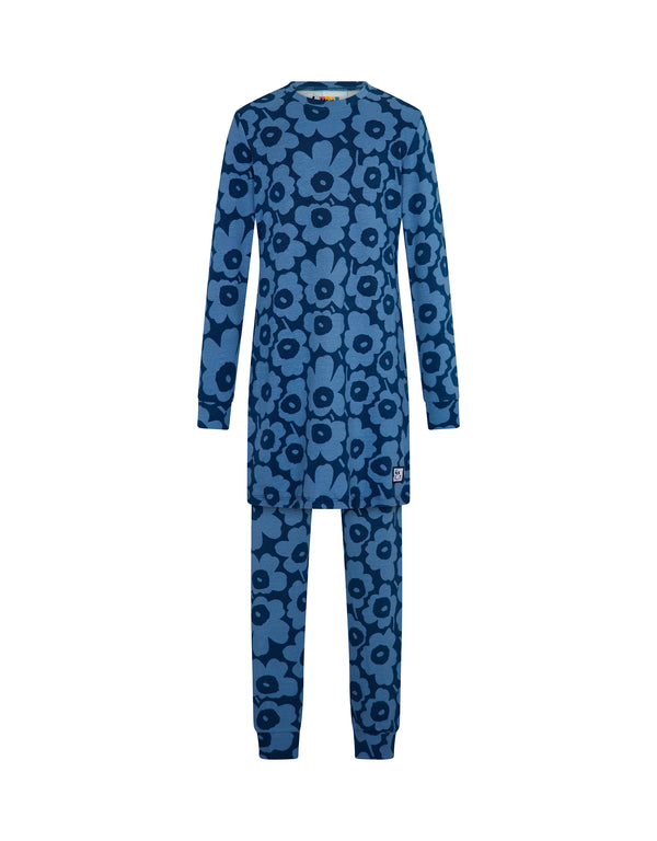 Pima Cotton Kids Tunic Pajamas Legging Set Flower Puffs Blue