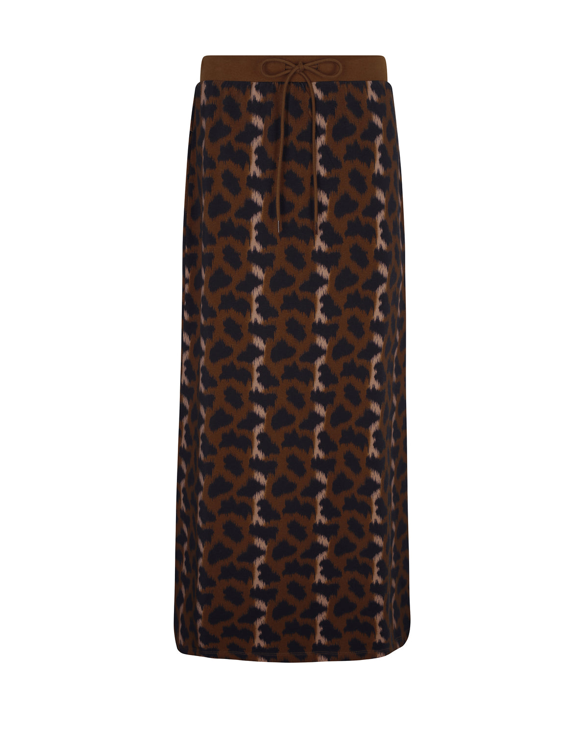 Brown leopard print drawstring maxi skirt, ankle-length with elastic waistband