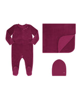 Deep Fuchsia Velour Footie, Blanket & Hat 3-Piece Set