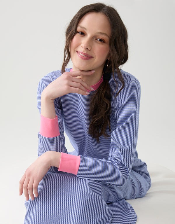 Striped Pull On Nightgown with Contrast Rib Blue Pink