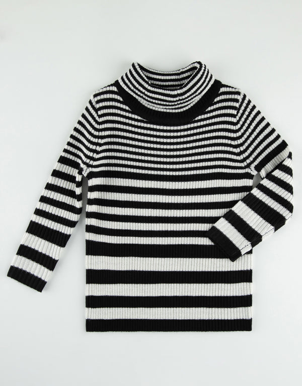 Kids Rib Knit Striped Turtle Neck Sweater Black Ivory