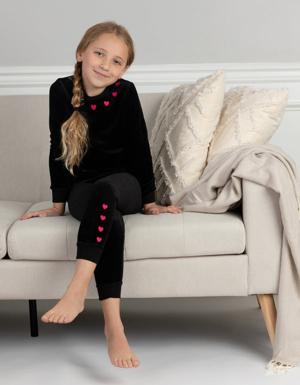 Hearts In A Row Plush Velour Kids Pajamas Legging Set Black Red