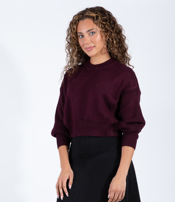 Plum Cropped Knit Sweater With Long Sleeves And Relaxed Fit