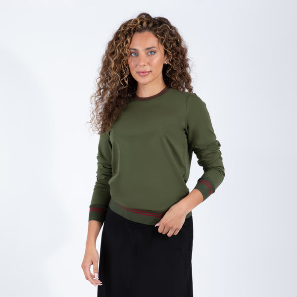 Olive Long Sleeve Top With Contrast Trim Detailing