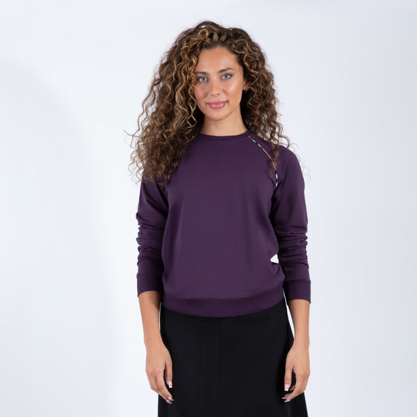 Dark Purple Long Sleeve Top With Subtle Print Shoulder Detail