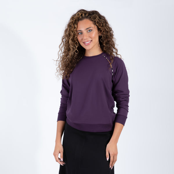 Dark Purple Long Sleeve Top With Subtle Print Shoulder Detail