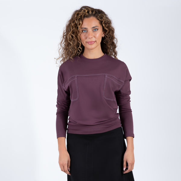 Purple Long Sleeve Top With Contrast Stitch Pocket Detail