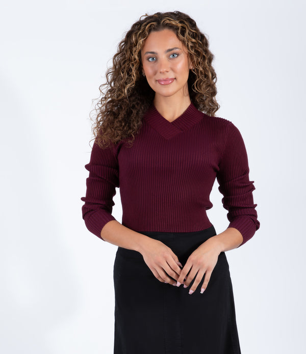 Wine Ribbed Sweater With Classic V Neckline