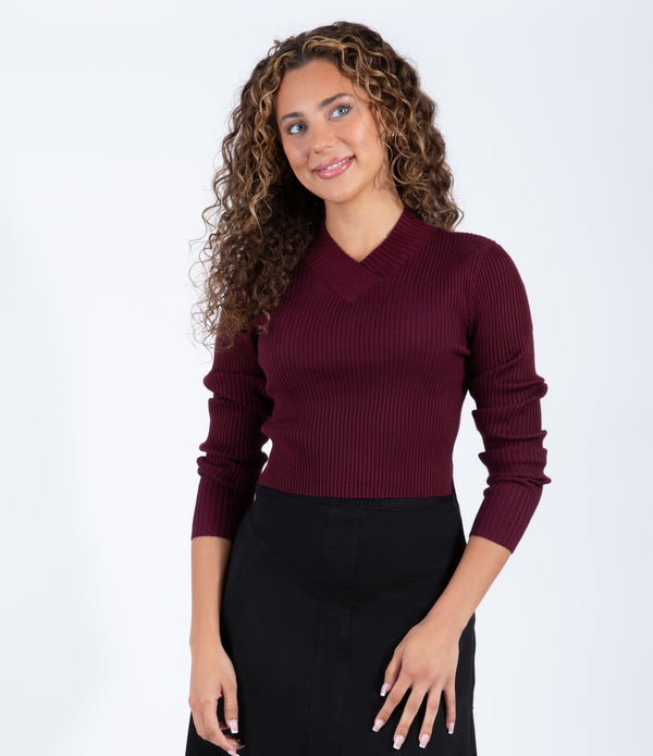 Wine Ribbed Sweater With Classic V Neckline