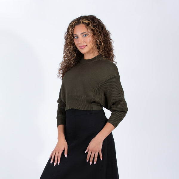 Olive Cropped Knit Sweater With Long Sleeves And Relaxed Fit
