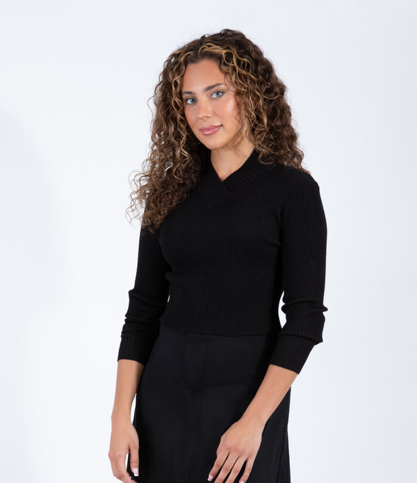 Black Ribbed Sweater With Classic V Neckline