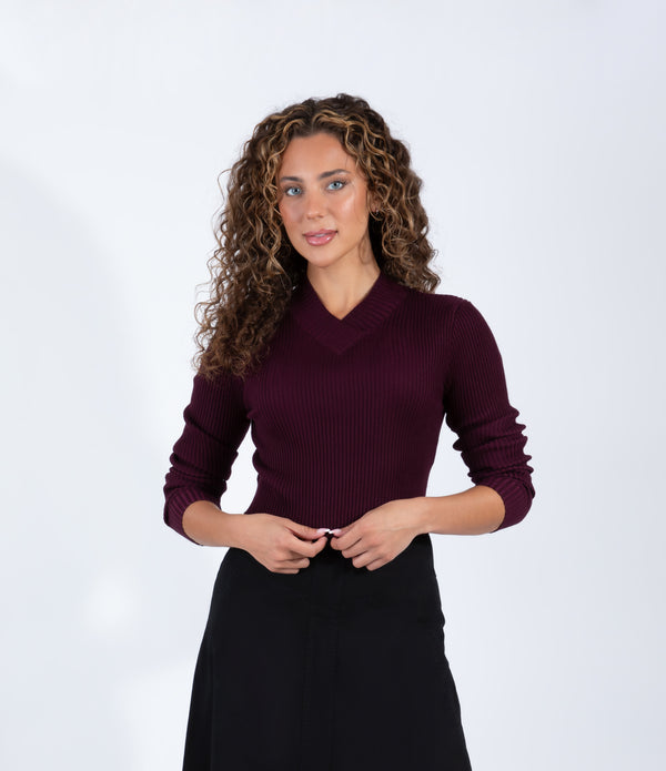 Plum Ribbed Sweater With Classic V Neckline