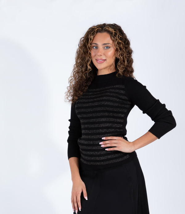 Black Sweater With Gold Metallic Stripe Detail And Long Sleeves