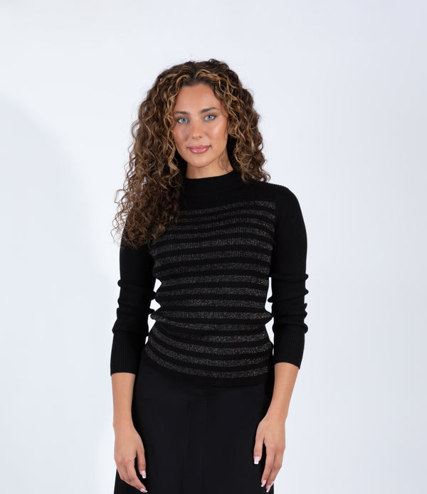 Black Sweater With Gold Metallic Stripe Detail And Long Sleeves