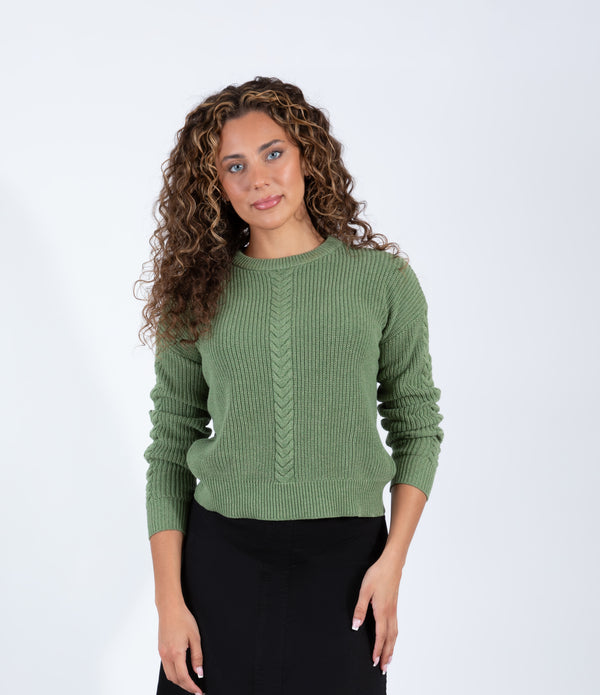 Green Knit Sweater With Classic Cable Detail