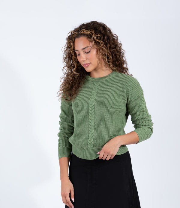 Green Knit Sweater With Classic Cable Detail